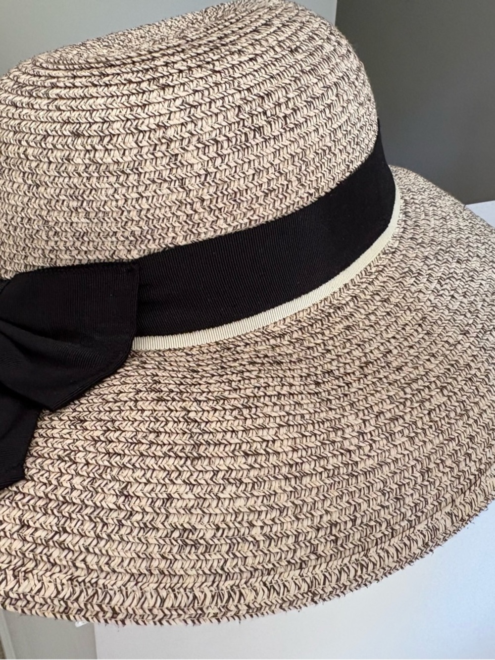 Beige Straw Sun Hat with Black Ribbon Bow